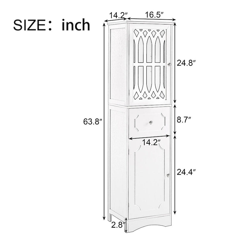 Meuble de Rangement Haut Autoportant pour Salle de Bain avec Porte à Treillis et Tiroir