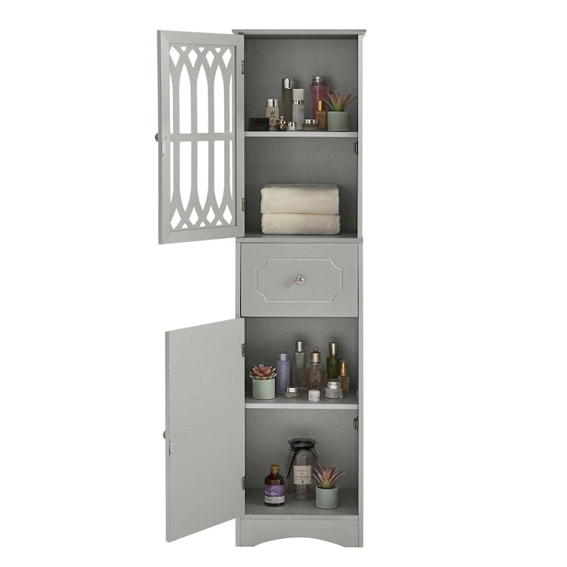 Meuble de Rangement Haut Autoportant pour Salle de Bain avec Porte à Treillis et Tiroir