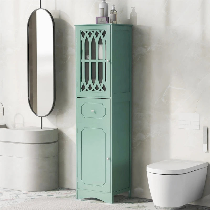 Meuble de Rangement Haut Autoportant pour Salle de Bain avec Porte à Treillis et Tiroir