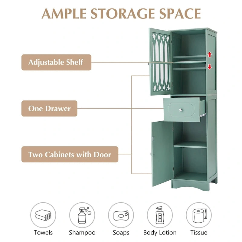 Meuble de Rangement Haut Autoportant pour Salle de Bain avec Porte à Treillis et Tiroir