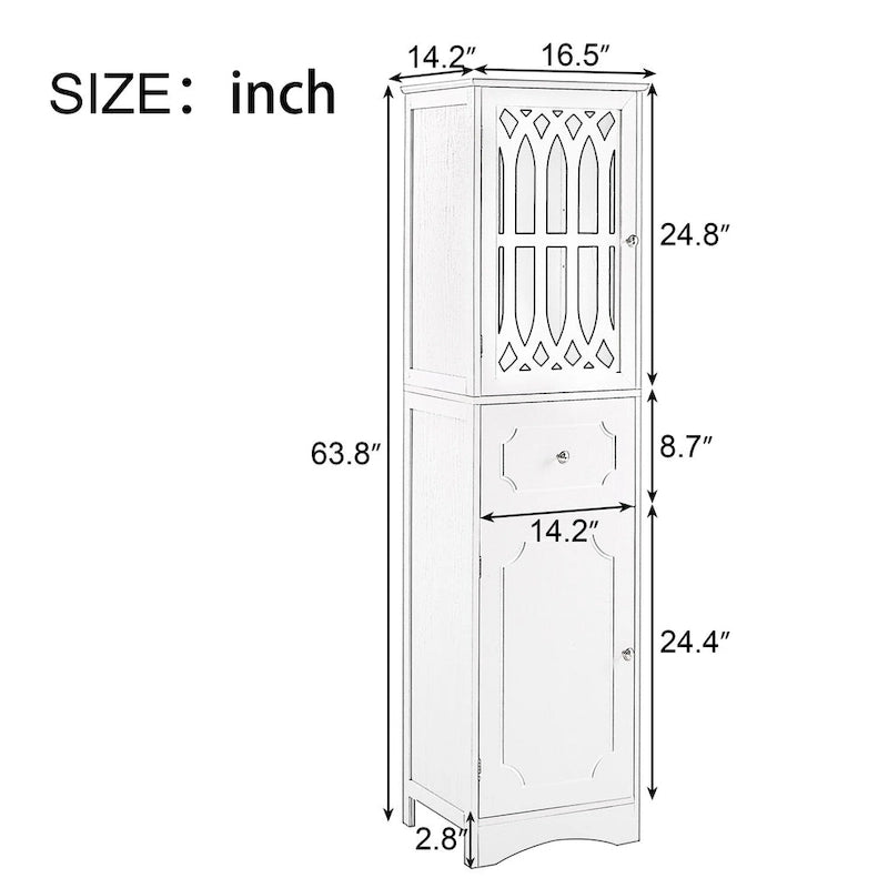Meuble de Rangement Haut Autoportant pour Salle de Bain avec Porte à Treillis et Tiroir