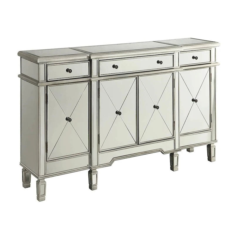 Bahut commode 4 portes finition miroir argenté avec tiroirs