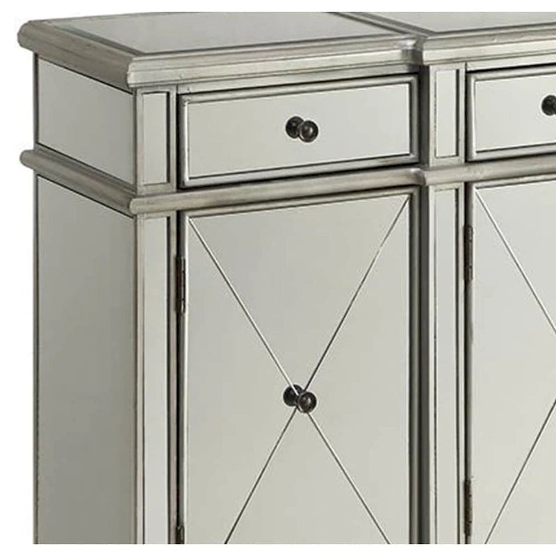 Bahut commode 4 portes finition miroir argenté avec tiroirs