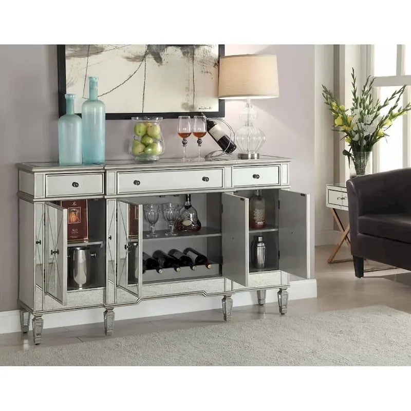 Bahut commode 4 portes finition miroir argenté avec tiroirs
