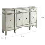 Bahut commode 4 portes finition miroir argenté avec tiroirs