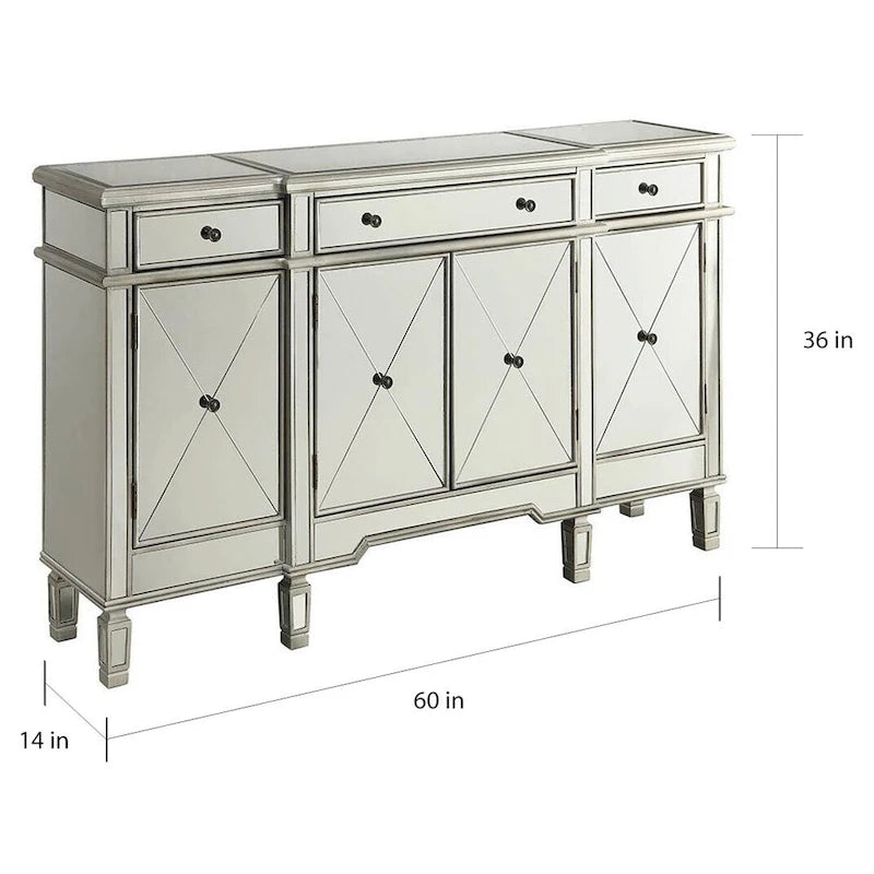 Bahut commode 4 portes finition miroir argenté avec tiroirs