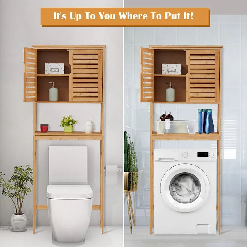 Meuble de rangement WC en bambou avec portes et étagères ouvertes autoportant naturel