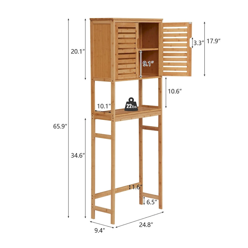 Meuble de rangement WC en bambou avec portes et étagères ouvertes autoportant naturel