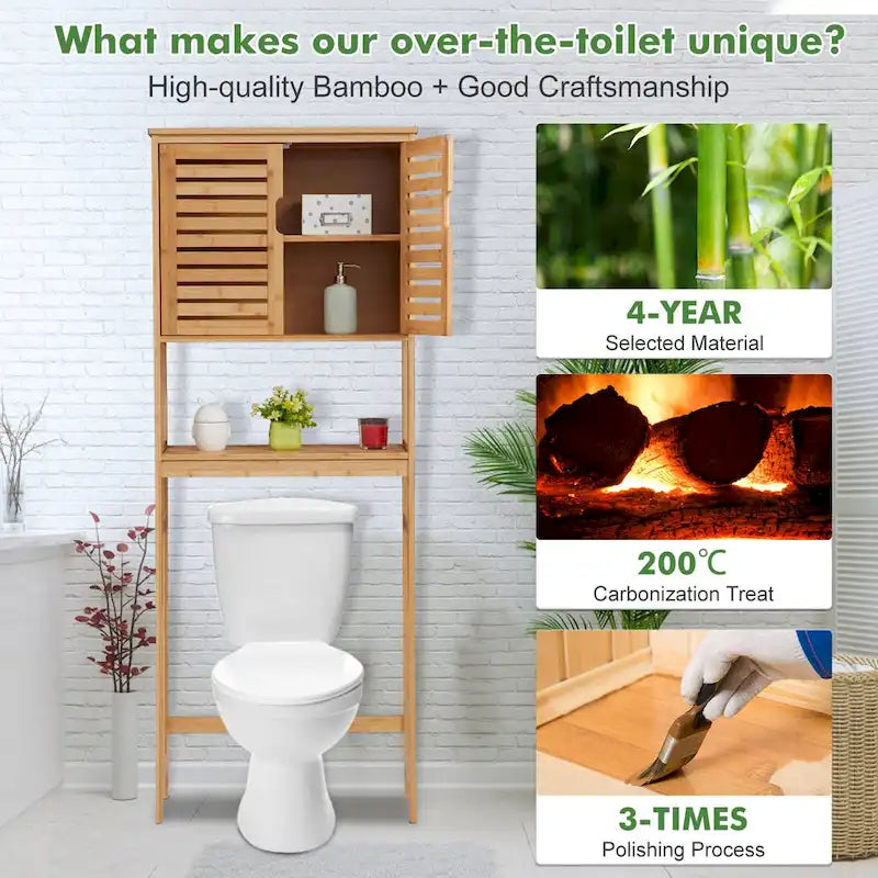 Meuble de rangement WC en bambou avec portes et étagères ouvertes autoportant naturel