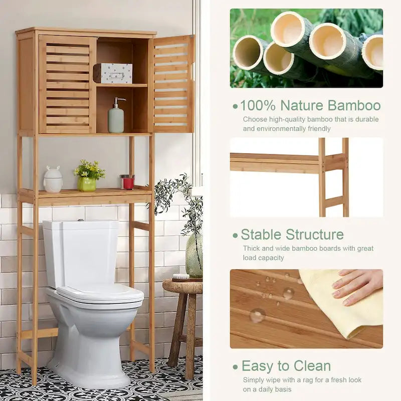 Meuble de rangement WC en bambou avec portes et étagères ouvertes autoportant naturel