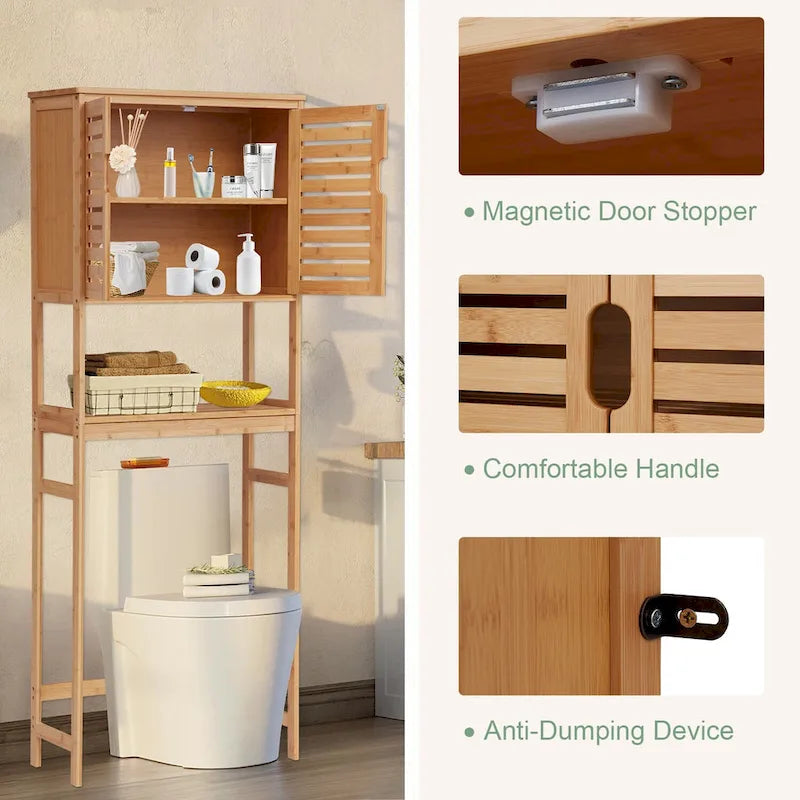 Meuble de rangement WC en bambou avec portes et étagères ouvertes autoportant naturel