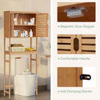 Meuble de rangement WC en bambou avec portes et étagères ouvertes autoportant naturel