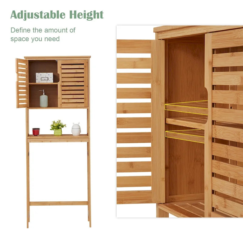 Meuble de rangement WC en bambou avec portes et étagères ouvertes autoportant naturel