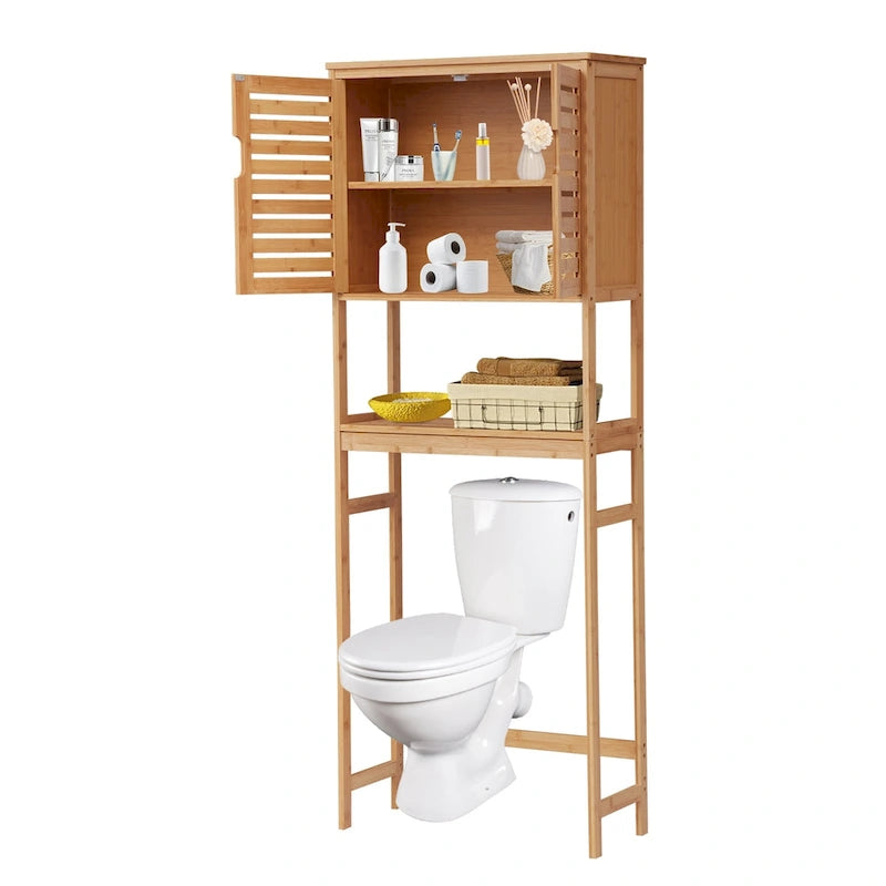 Meuble de rangement WC en bambou avec portes et étagères ouvertes autoportant naturel