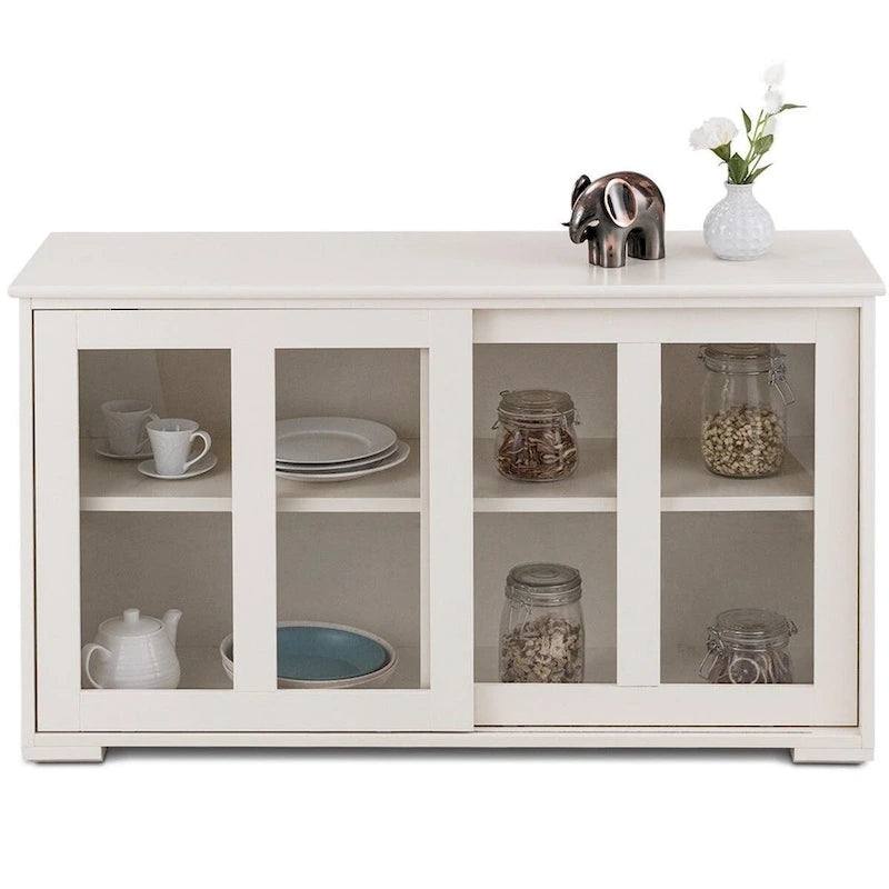 Buffet/Vaisselier en bois crème avec portes coulissantes en verre trempé