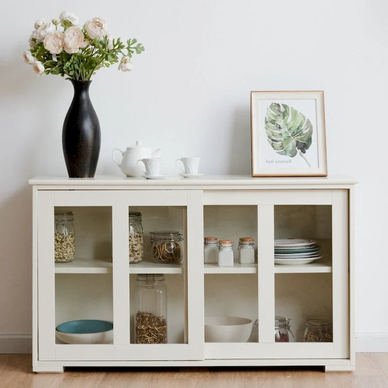 Buffet/Vaisselier en bois crème avec portes coulissantes en verre trempé