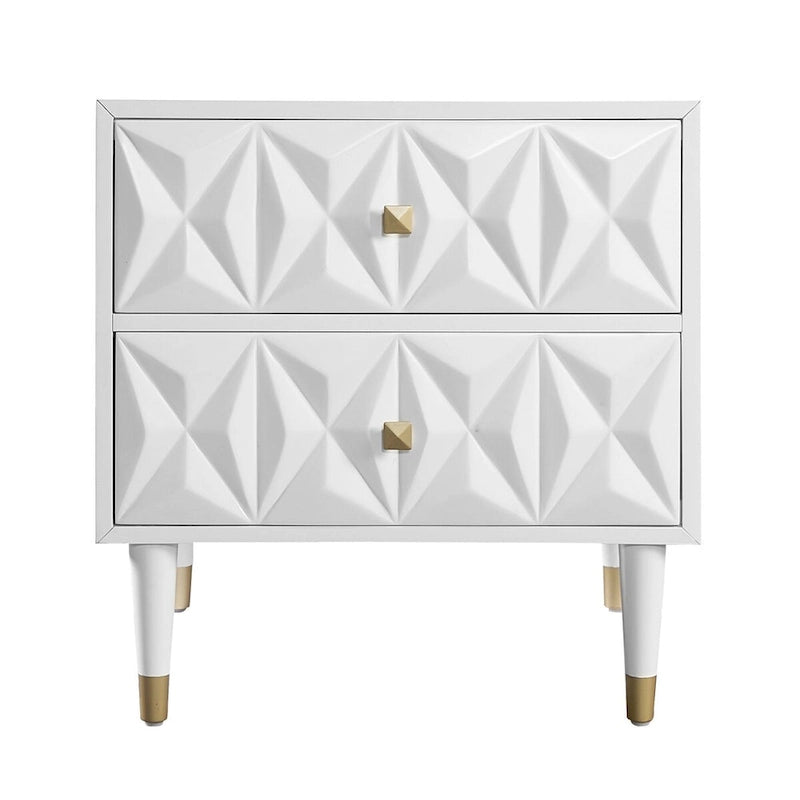 Table de chevet à deux tiroirs texturée diamant géométrique blanc avec des accents dorés