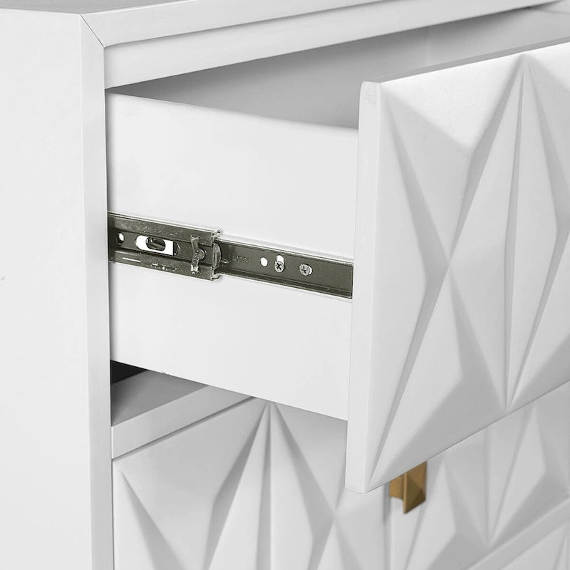 Table de chevet à deux tiroirs texturée diamant géométrique blanc avec des accents dorés