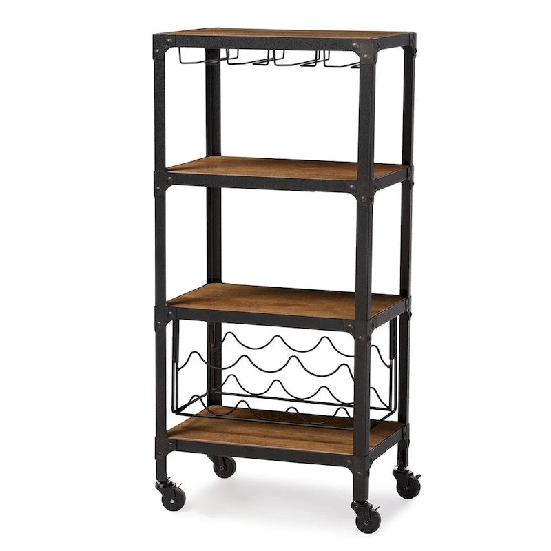 Meuble de bar de cuisine mobile industriel rustique avec étagère de rangement pour vins et verres Noir Marron