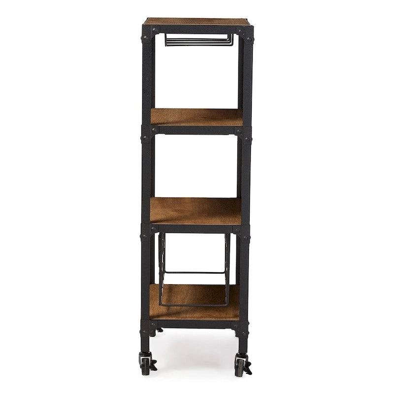 Meuble de bar de cuisine mobile industriel rustique avec étagère de rangement pour vins et verres Noir Marron