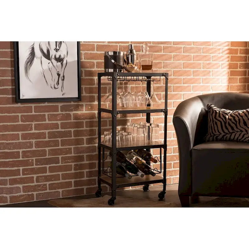 Meuble de bar de cuisine mobile industriel rustique avec étagère de rangement pour vins et verres Noir Marron