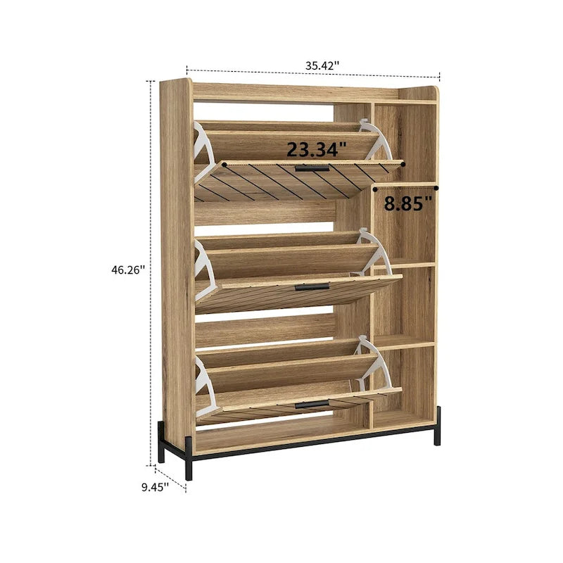 Meuble de Rangement Chaussures en Bois avec Tiroirs Basculants Étagères Ouvertes Pieds en Métal Noir Bois Flotté
