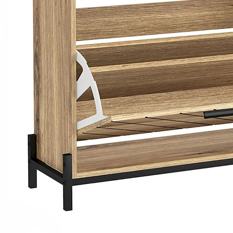 Meuble de Rangement Chaussures en Bois avec Tiroirs Basculants Étagères Ouvertes Pieds en Métal Noir Bois Flotté