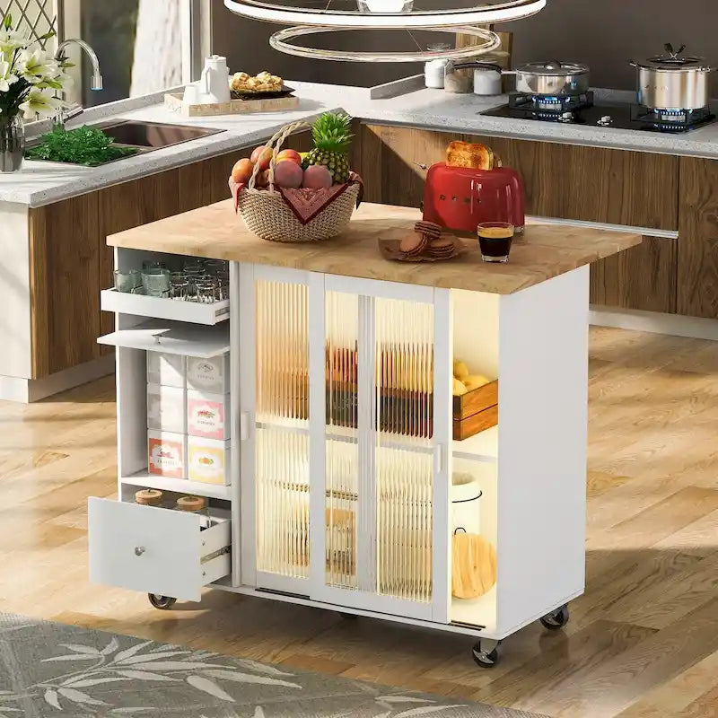 Desserte de cuisine roulante avec éclairage LED, portes vitrées cannelées et plateau rabattable