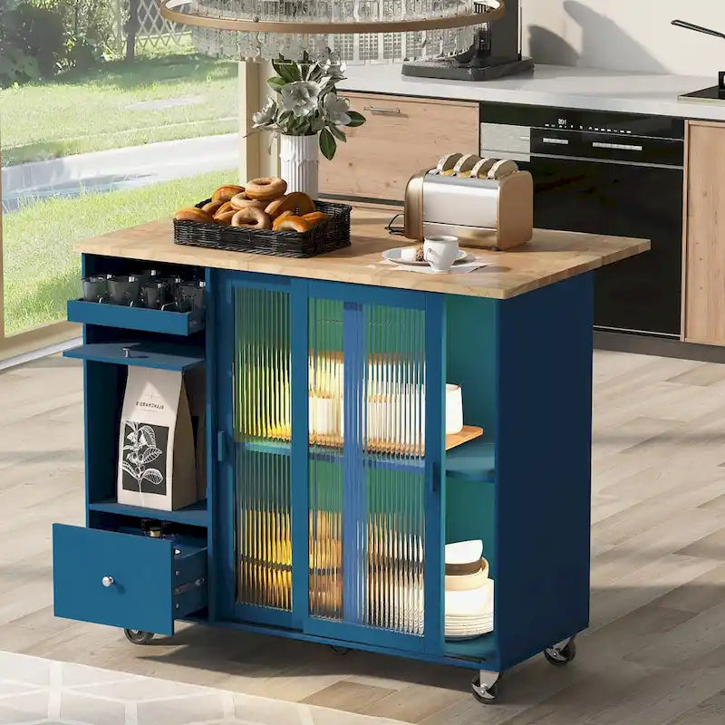 Desserte de cuisine roulante avec éclairage LED, portes vitrées cannelées et plateau rabattable