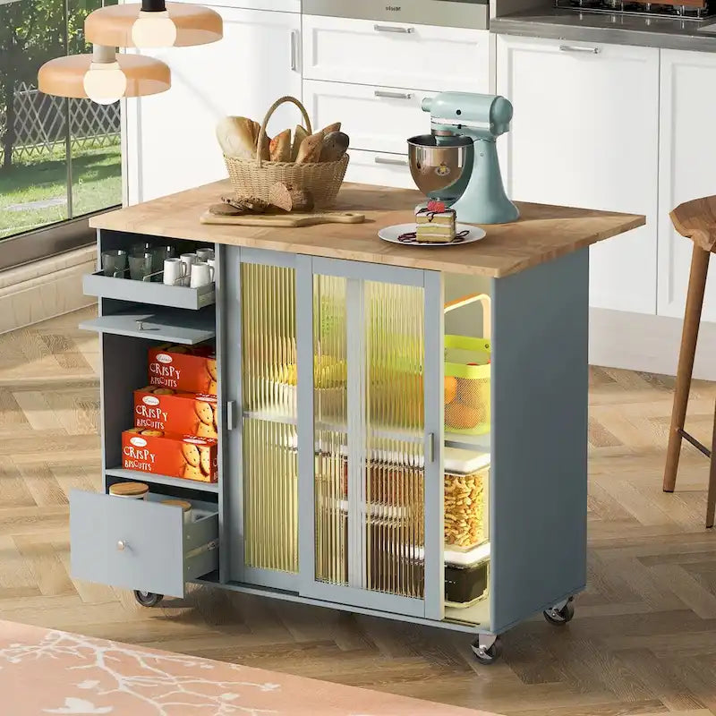 Desserte de cuisine roulante avec éclairage LED, portes vitrées cannelées et plateau rabattable