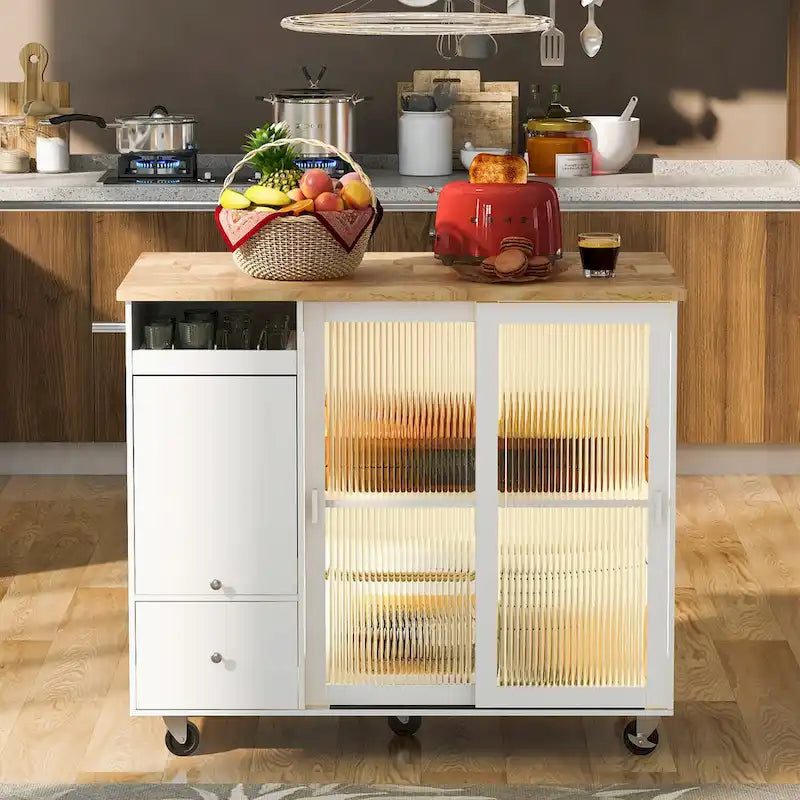 Desserte de cuisine roulante avec éclairage LED, portes vitrées cannelées et plateau rabattable