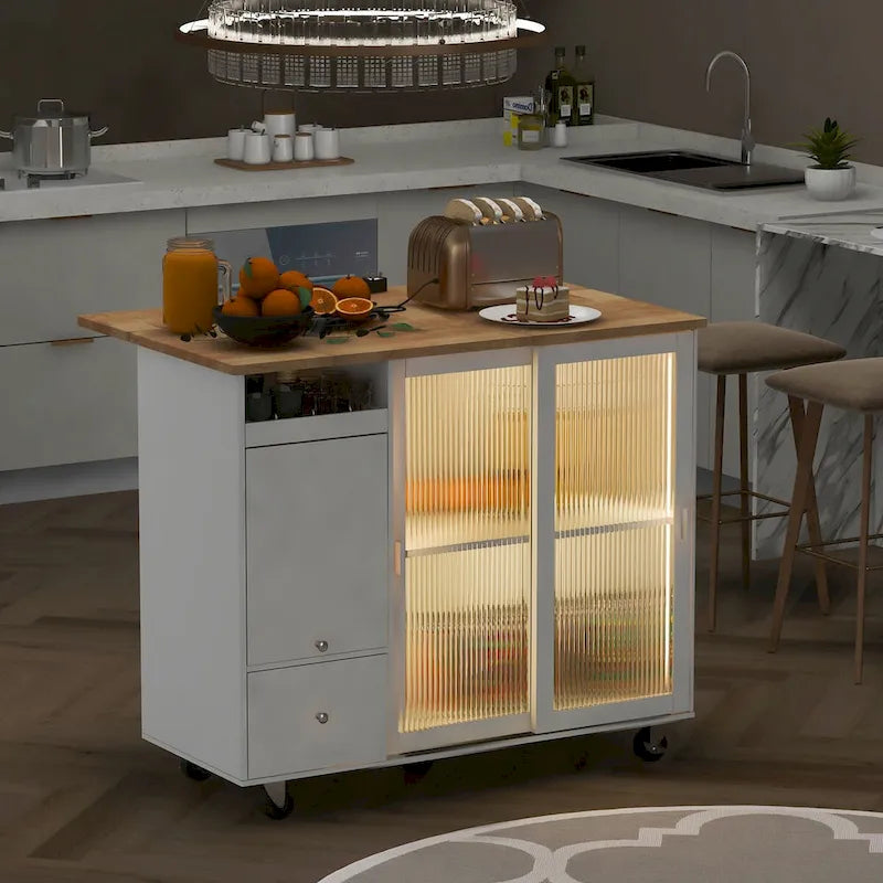 Desserte de cuisine roulante avec éclairage LED, portes vitrées cannelées et plateau rabattable