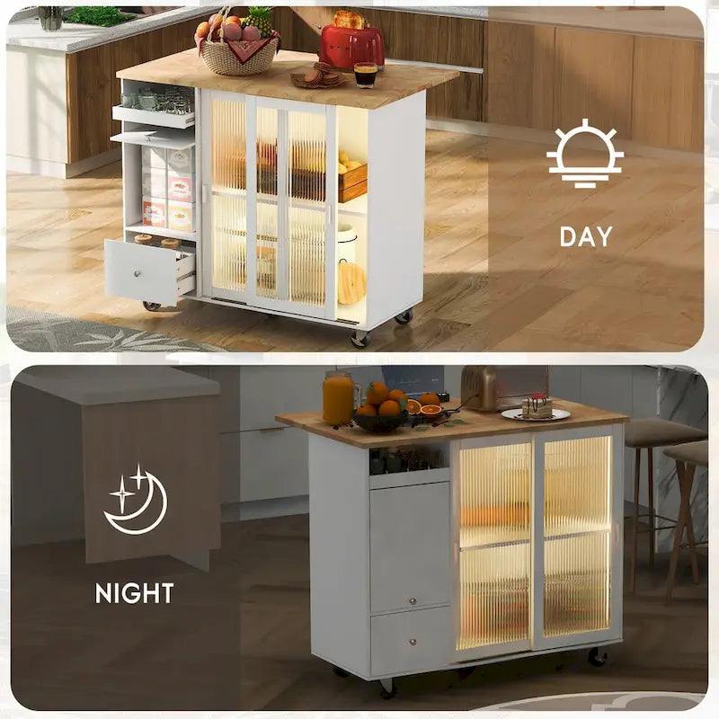 Desserte de cuisine roulante avec éclairage LED, portes vitrées cannelées et plateau rabattable