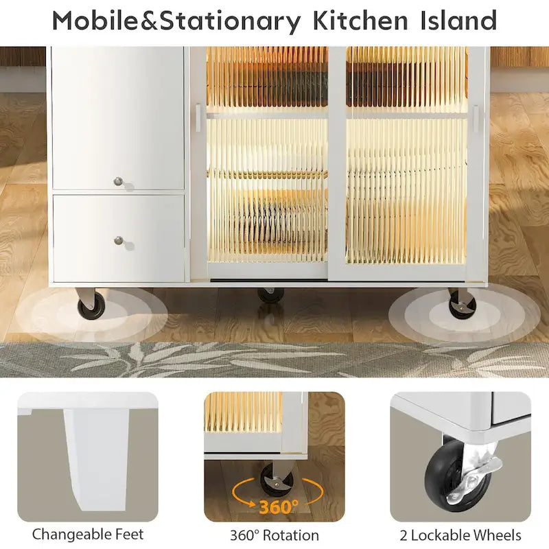 Desserte de cuisine roulante avec éclairage LED, portes vitrées cannelées et plateau rabattable