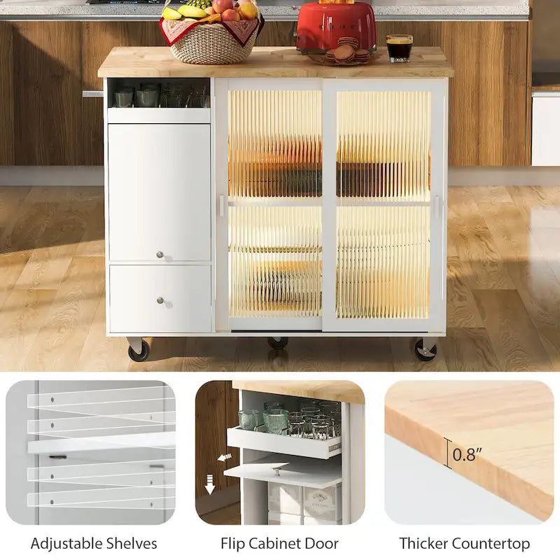 Desserte de cuisine roulante avec éclairage LED, portes vitrées cannelées et plateau rabattable