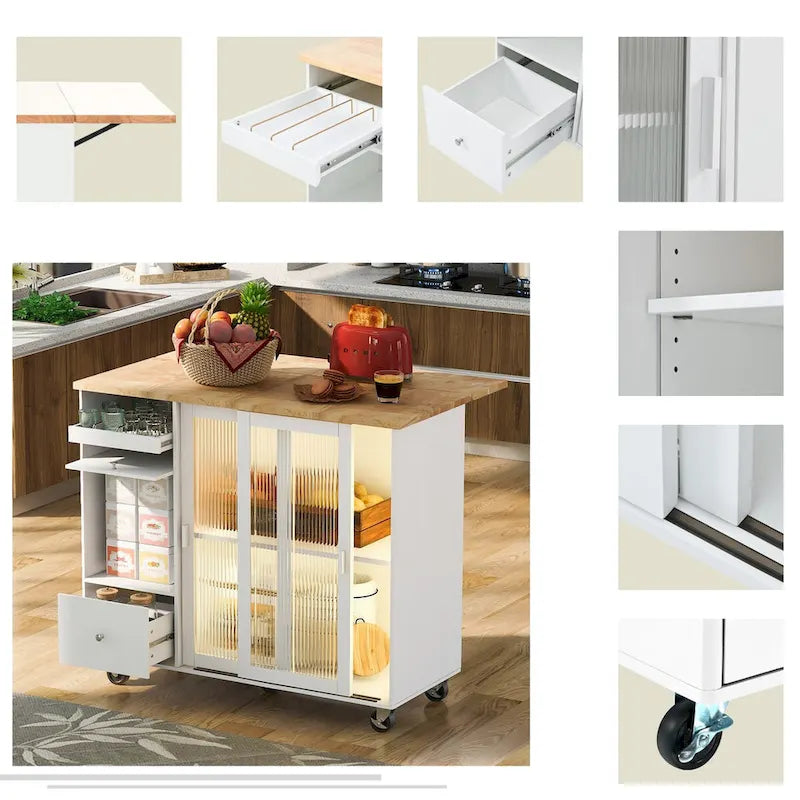 Desserte de cuisine roulante avec éclairage LED, portes vitrées cannelées et plateau rabattable