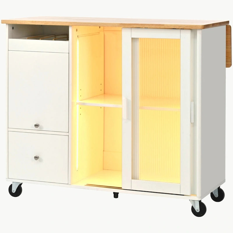 Desserte de cuisine roulante avec éclairage LED, portes vitrées cannelées et plateau rabattable