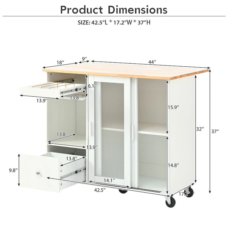 Desserte de cuisine roulante avec éclairage LED, portes vitrées cannelées et plateau rabattable