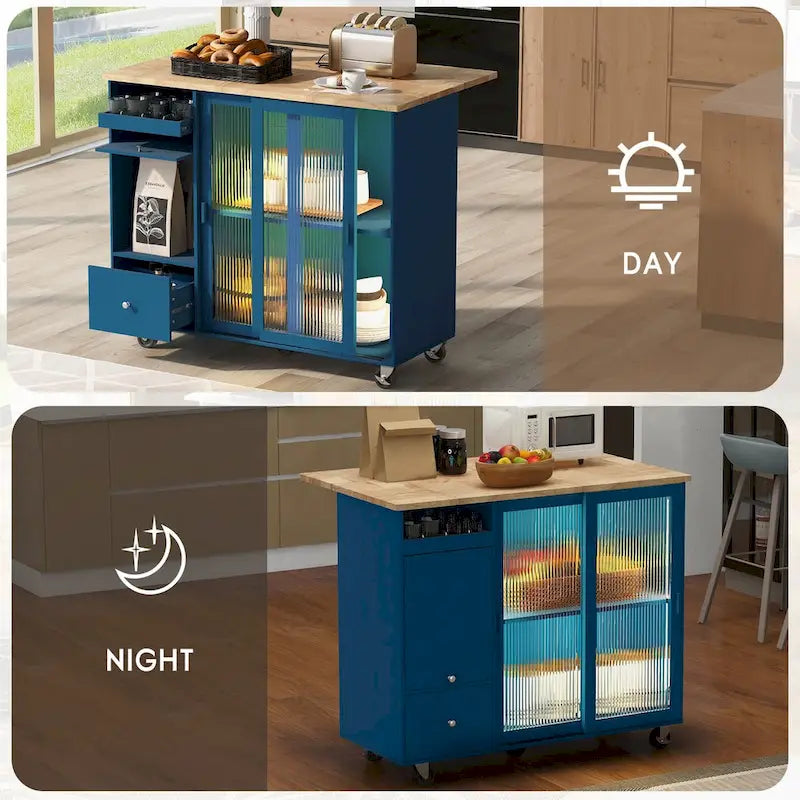 Desserte de cuisine roulante avec éclairage LED, portes vitrées cannelées et plateau rabattable