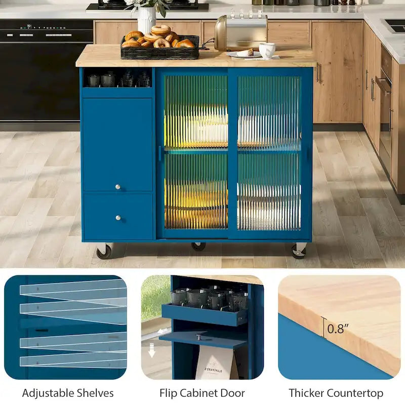 Desserte de cuisine roulante avec éclairage LED, portes vitrées cannelées et plateau rabattable