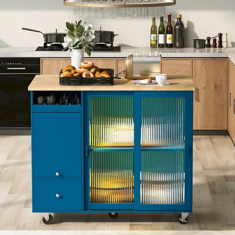 Desserte de cuisine roulante avec éclairage LED, portes vitrées cannelées et plateau rabattable