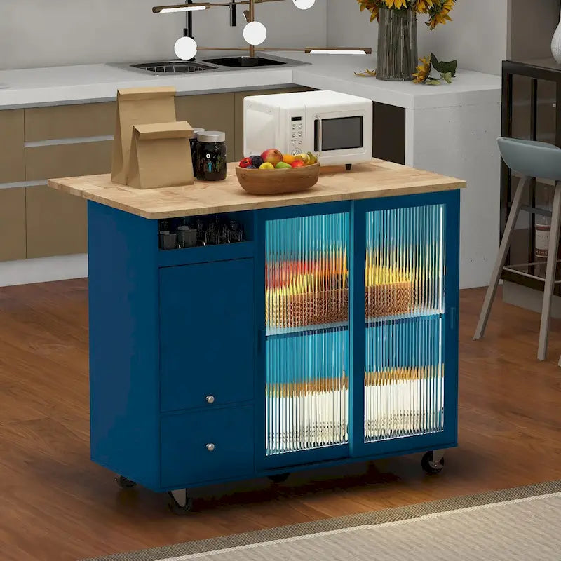 Desserte de cuisine roulante avec éclairage LED, portes vitrées cannelées et plateau rabattable