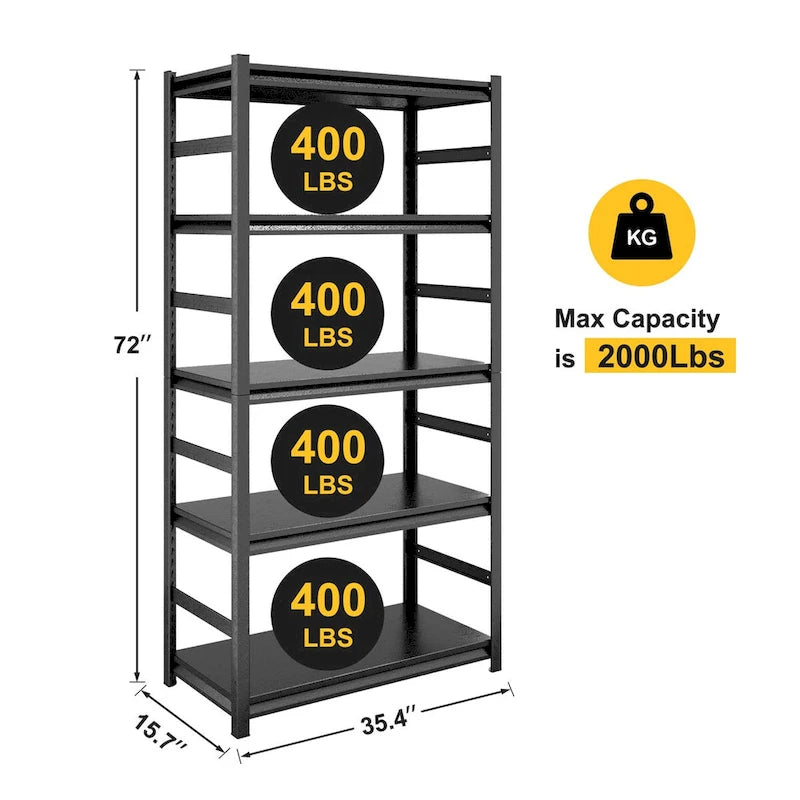 Étagère de rangement métallique noire robuste à 5 niveaux pour garage, réglable