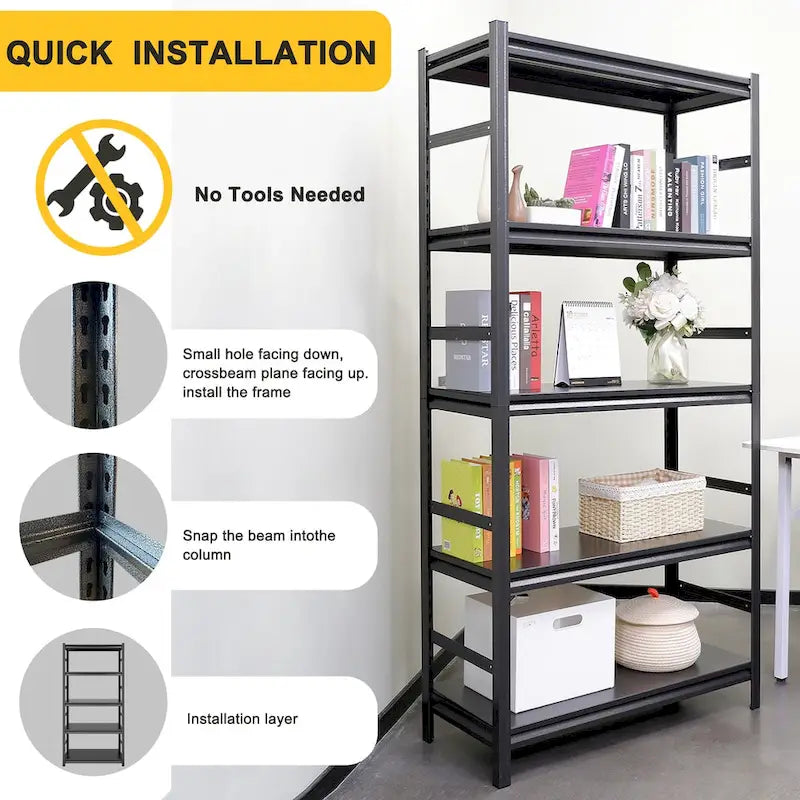 Étagère de rangement métallique noire robuste à 5 niveaux pour garage, réglable