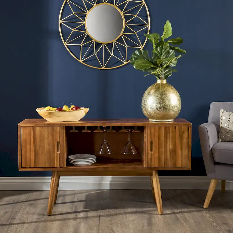 Meuble à vin moderne mi-siècle en bois d'acacia avec étagères de rangement, Noyer Brun