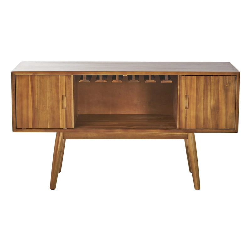 Meuble à vin moderne mi-siècle en bois d'acacia avec étagères de rangement, Noyer Brun