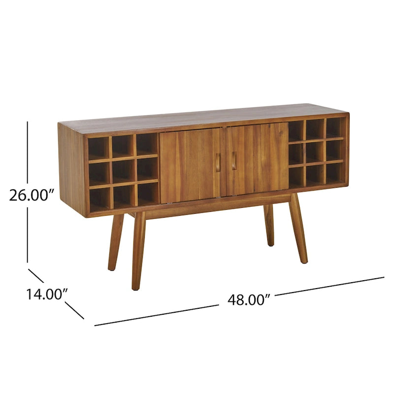 Meuble à vin moderne mi-siècle en bois d'acacia avec étagères de rangement, Noyer Brun