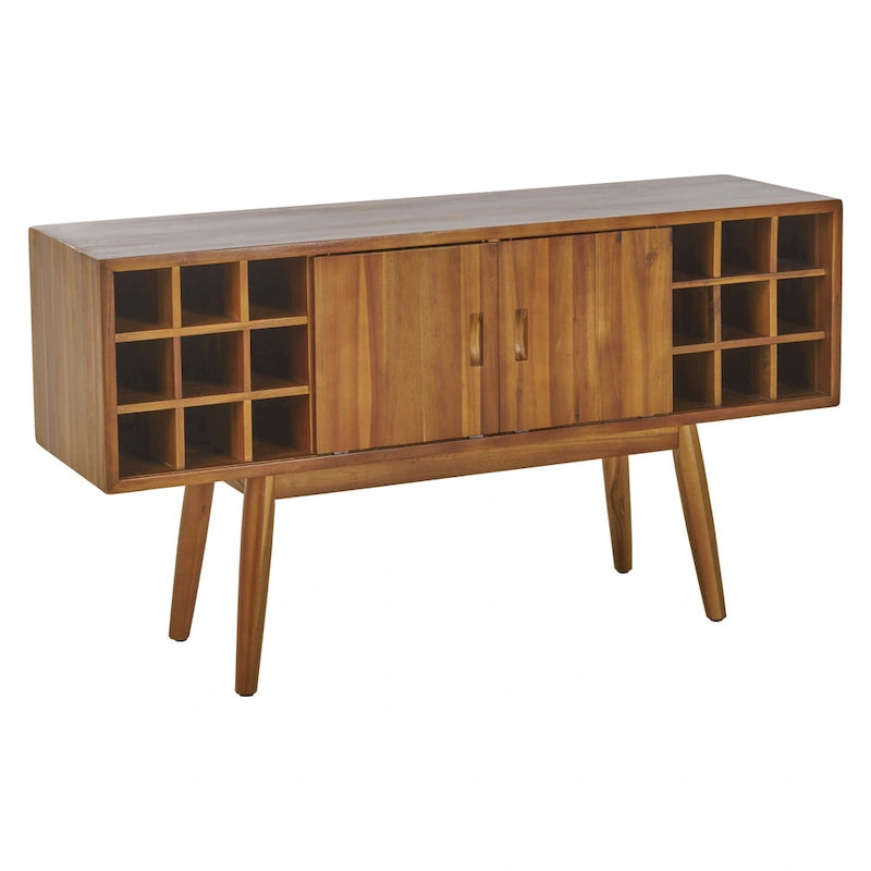 Meuble à vin moderne mi-siècle en bois d'acacia avec étagères de rangement, Noyer Brun