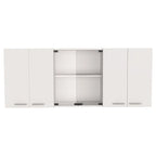Armoire murale blanche à six portes avec étagère centrale ouverte et poignées en métal