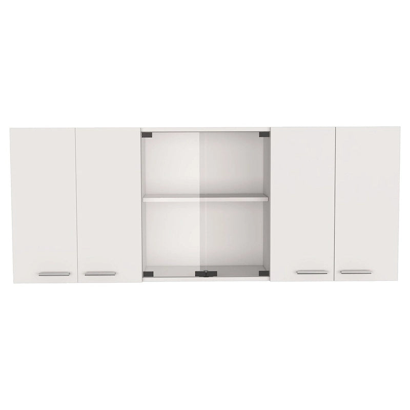 Armoire murale blanche à six portes avec étagère centrale ouverte et poignées en métal